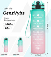 Motivational Fitness Sports Water Bottle Leakproof BPA-Free with Time Marker 1000 ml Bottle Pack of 2, Multicolor, Silicone GenzVybs